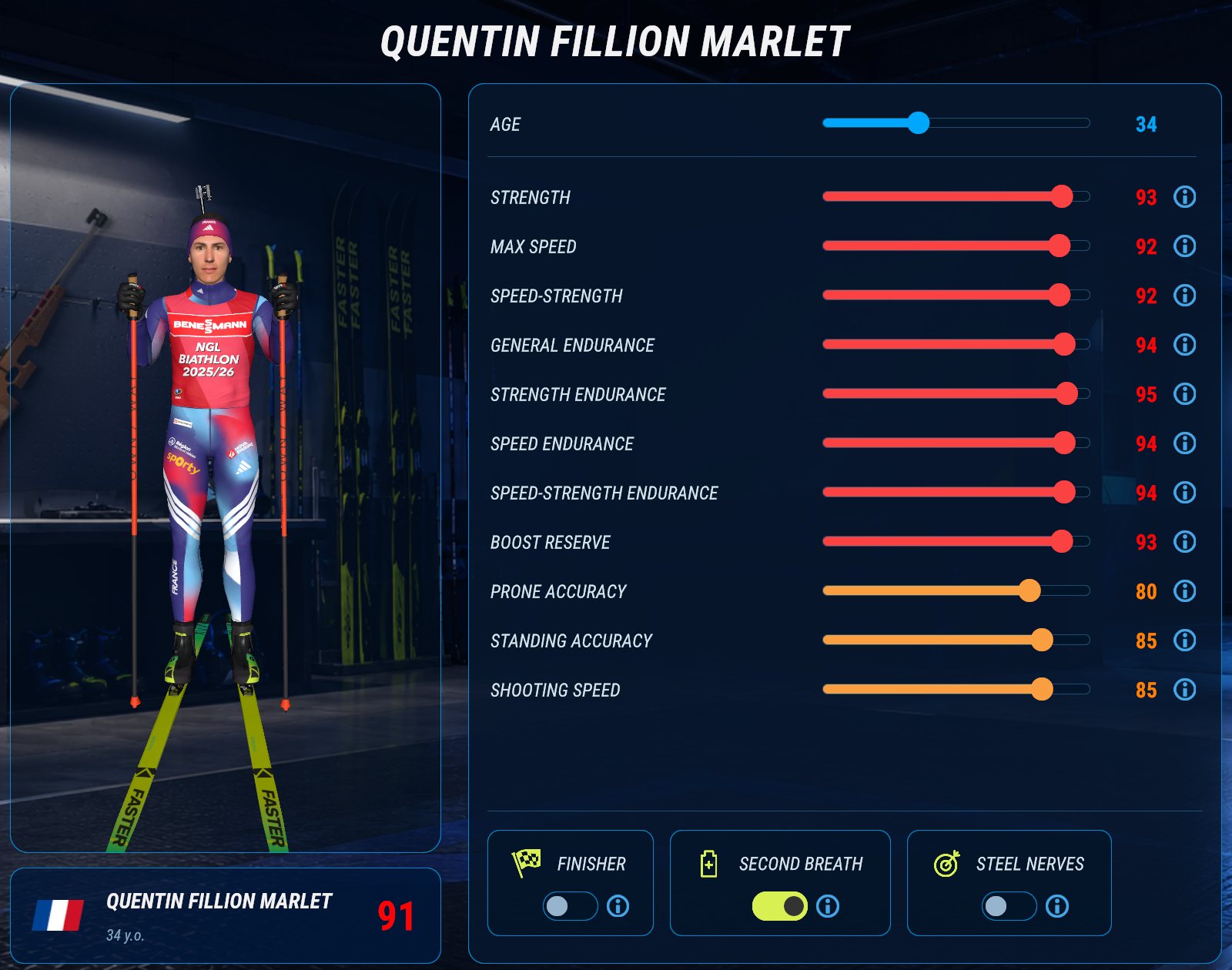 Every athlete in a roster has their own age, country, eleven stats and skills — a pack carries all of them