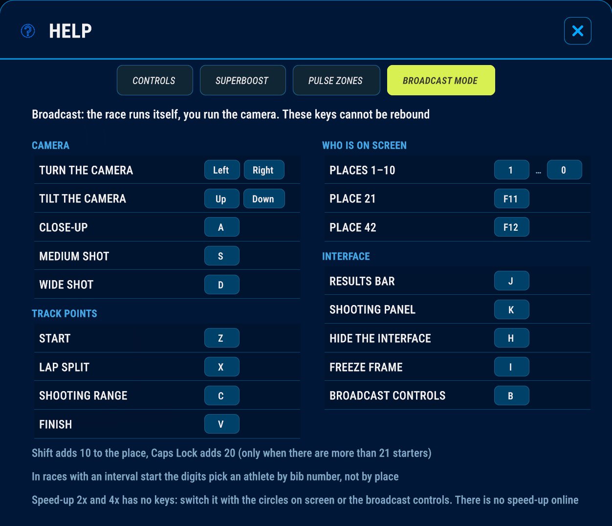 Help → Broadcast mode: every key for the camera, the track points, picking an athlete and the panels