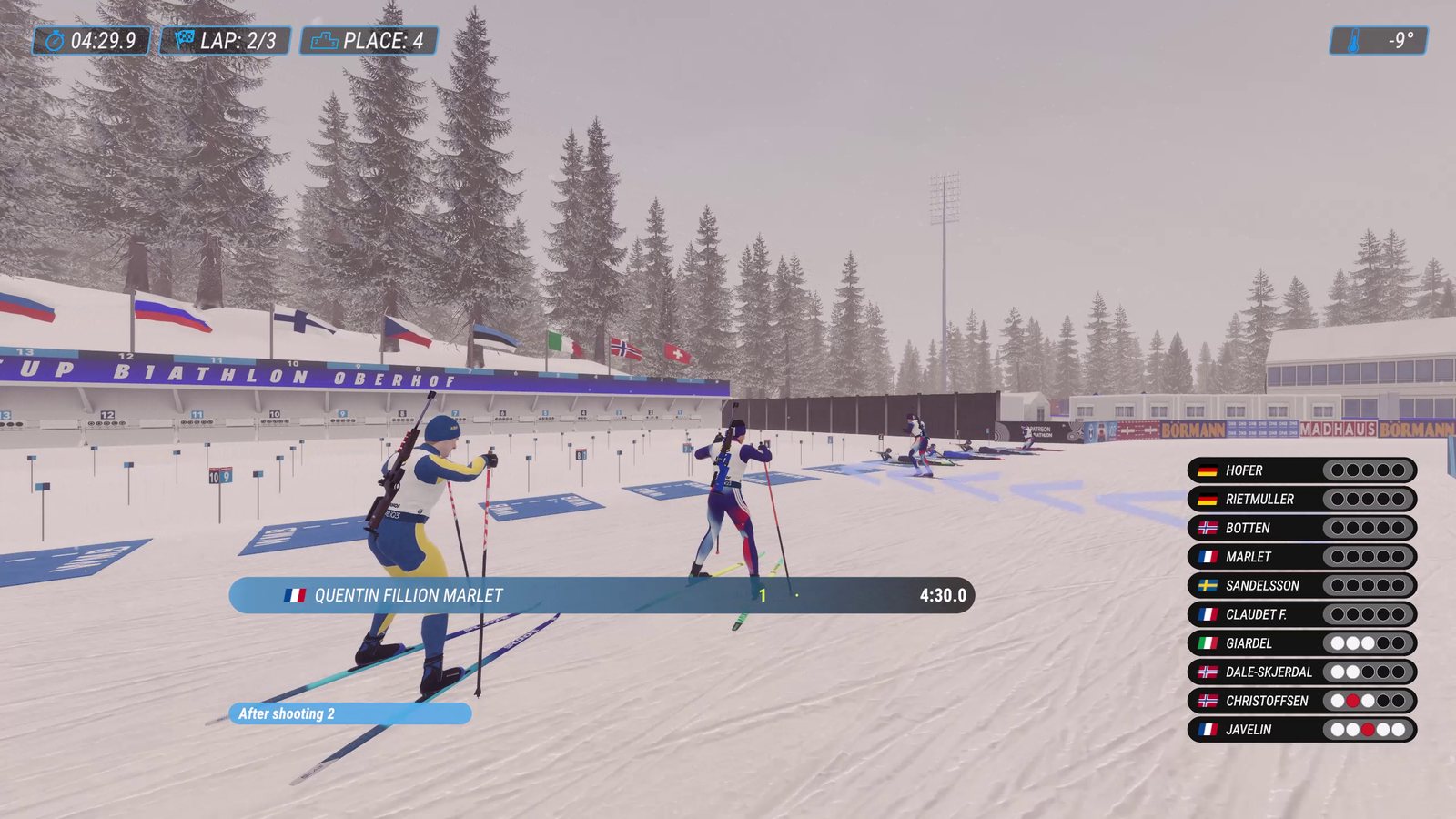 Broadcast at the Oberhof range: the shooting panel with every athlete's targets on the right, an athlete's plate with their time at the bottom