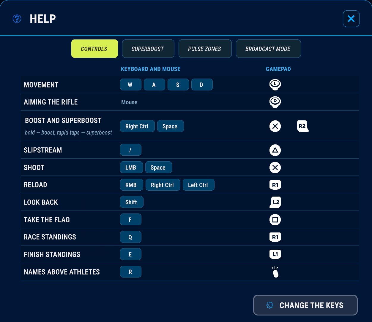 Help → Controls: every key and gamepad button in one table, open from the menu and from the pause screen