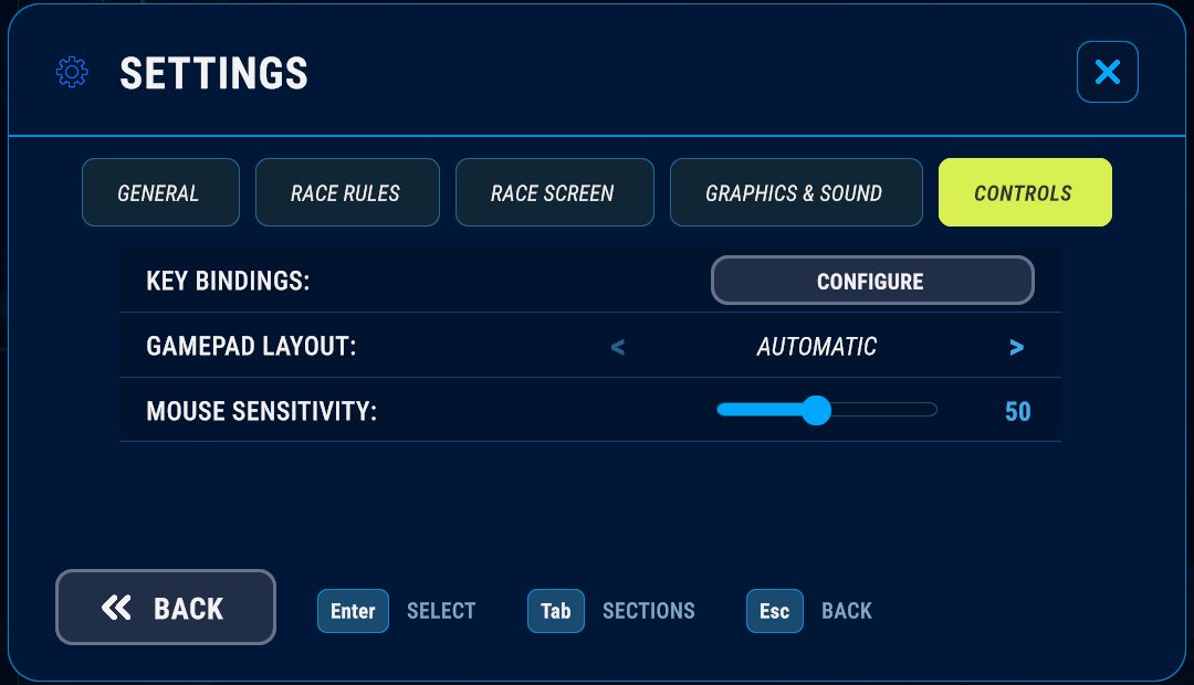 Settings → Controls: key bindings, gamepad layout and mouse sensitivity