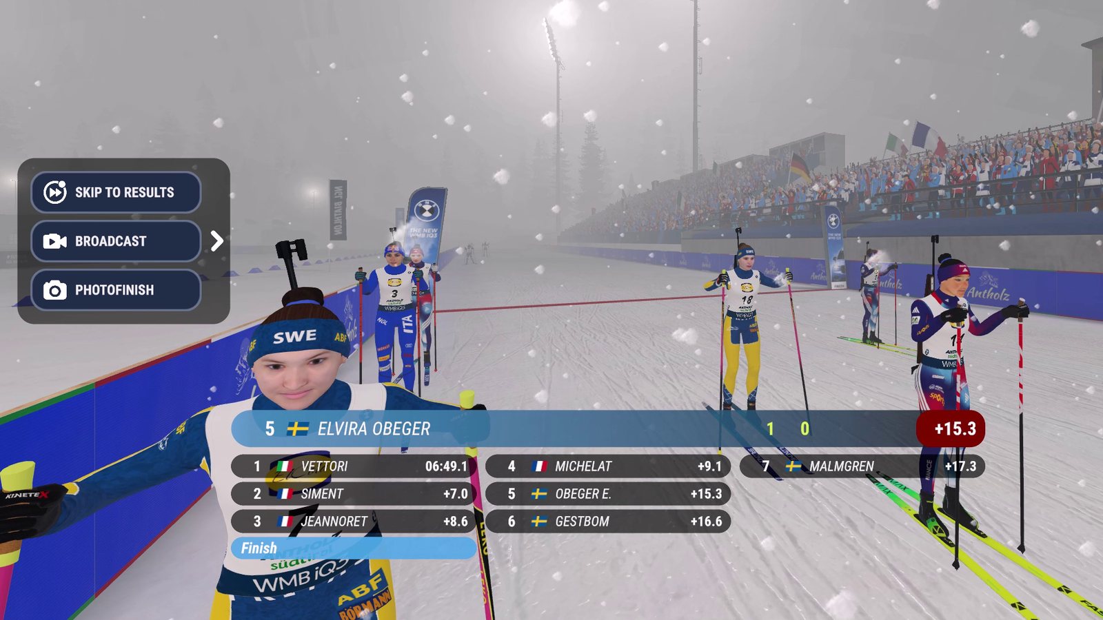 The panel after the finish: Skip to results, Broadcast and Photofinish