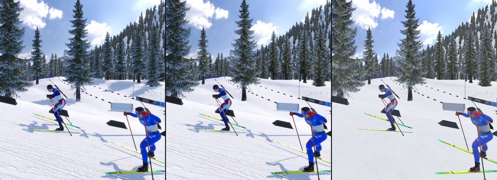 The same race frame in Ruhpolding on all three levels, left to right: High, Medium, Low. On Medium shadows stay only near the camera, on Low the shadows and ski tracks are gone