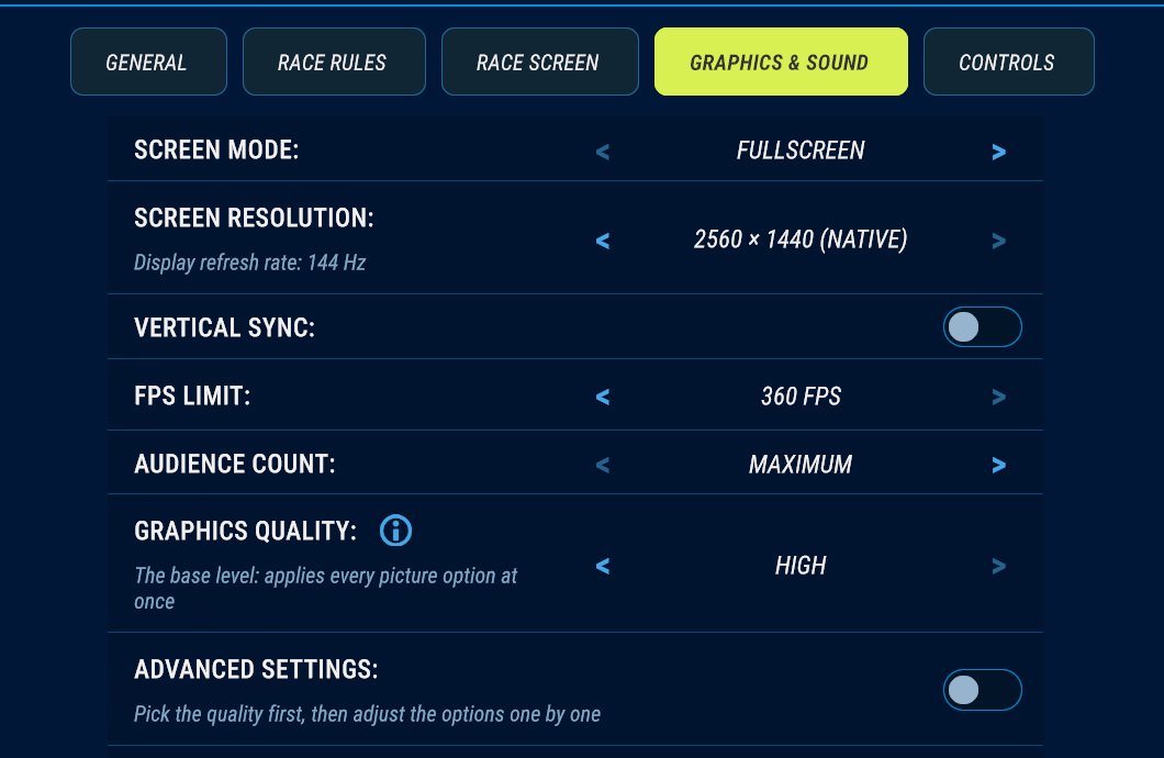 Settings, Graphics & sound tab. This computer has the FPS limit raised to 360, a new installation starts at 144
