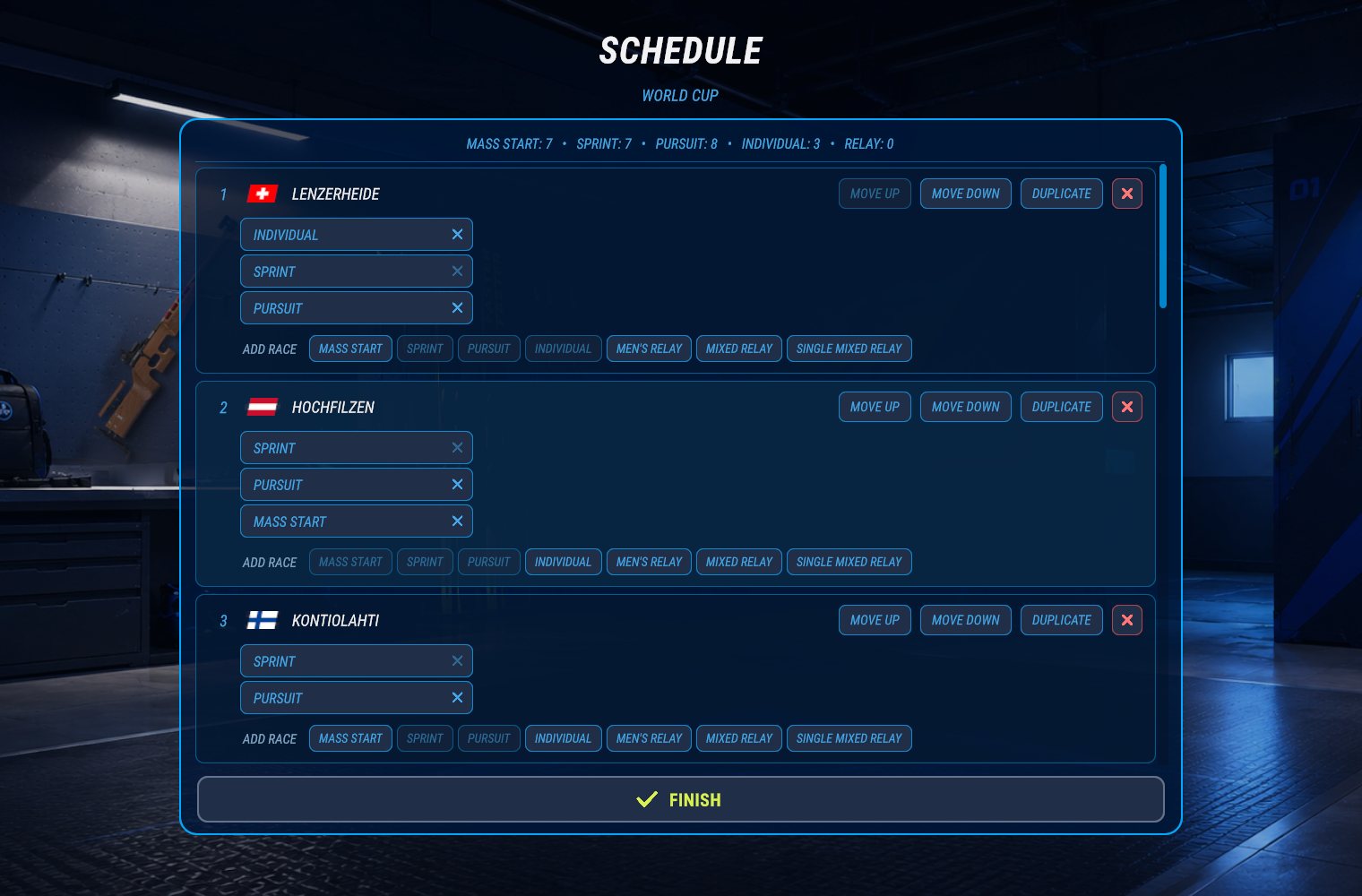 The World Cup calendar: every stage has Move up, Move down, Duplicate, a cross to delete it and an Add race row