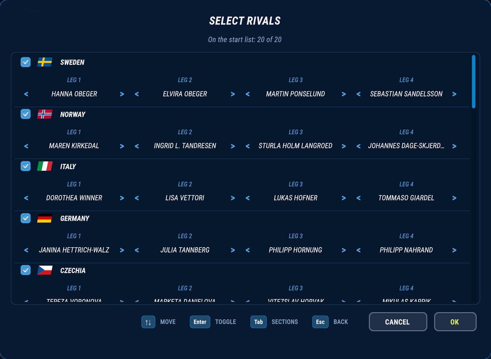 The Select Rivals screen for a mixed relay: a checkbox for every country and the team leg by leg, each leg changed with the arrows