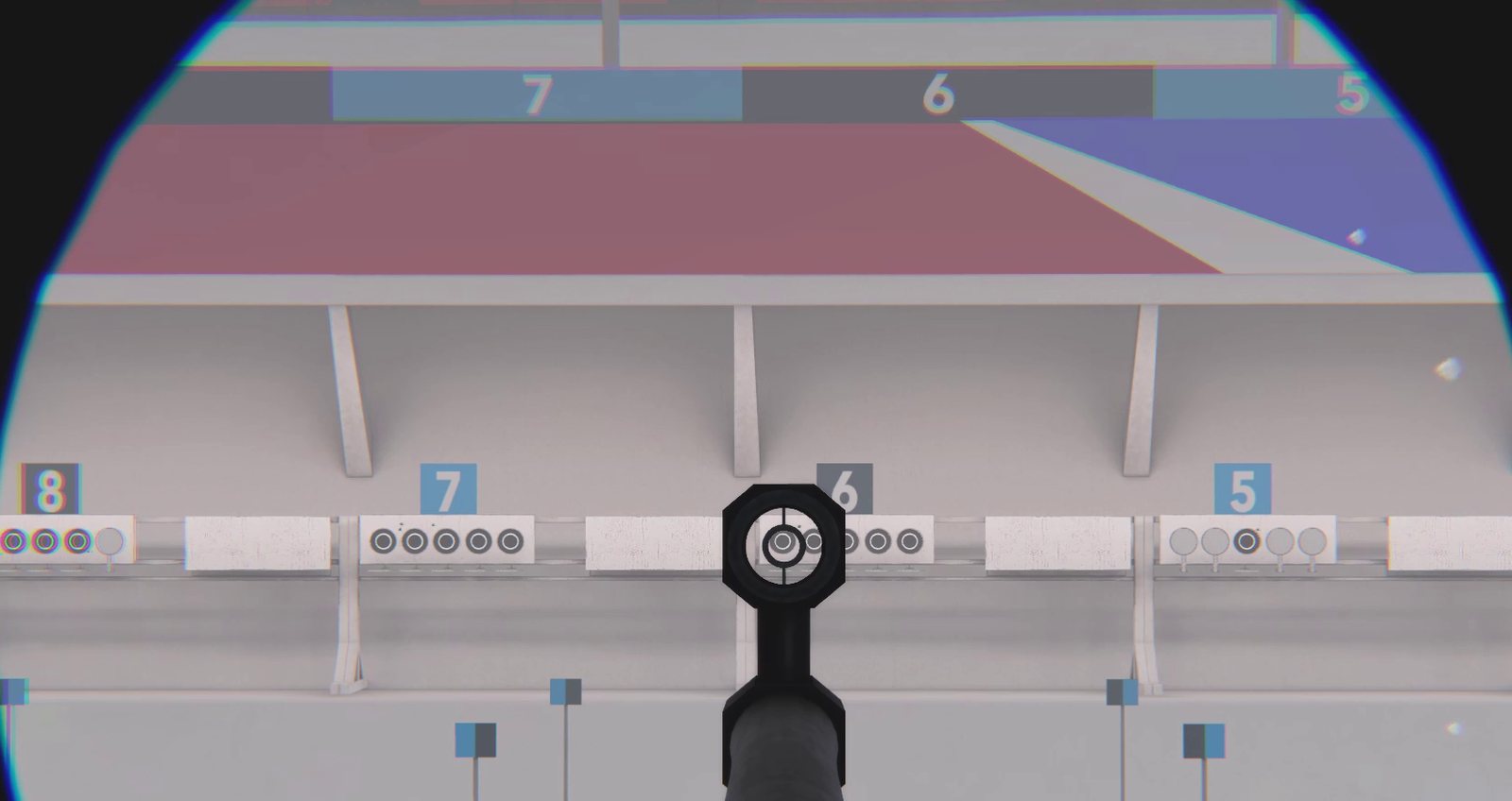 The view through the sight on the range. The crosshair keeps swaying, and you take the shot as it passes over the target