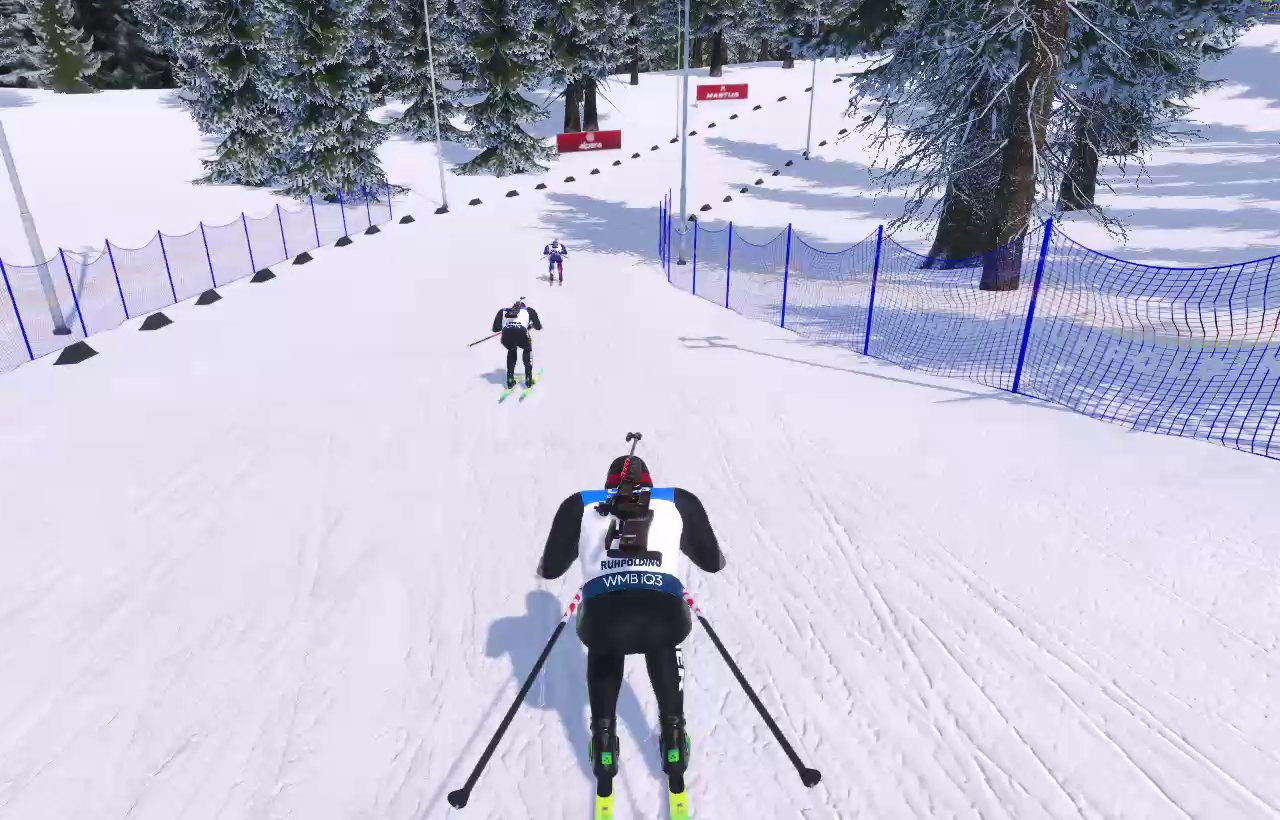 A tuck on a descent at Ruhpolding. In the tuck the athlete does not push, so everyone goes down the same way and only the skis make a difference