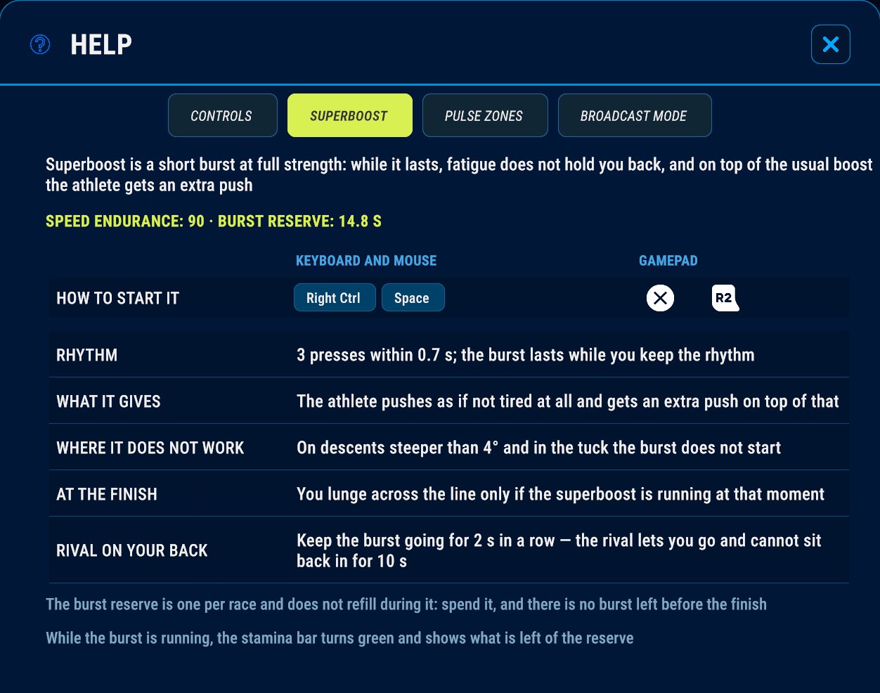 Help → Superboost: how to trigger it, the tapping rhythm, where it does not work and your athlete's reserve in seconds