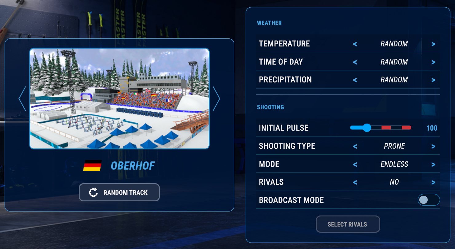 The track selection screen: the track with the arrows, temperature, time of day and precipitation on the right. Taken in shooting training, so its settings sit below