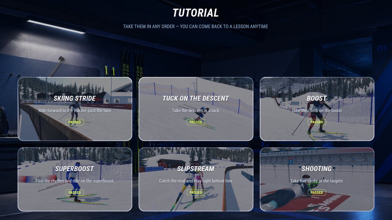 The Tutorial section: six lessons as tiles, all open from the start, finished ones marked
