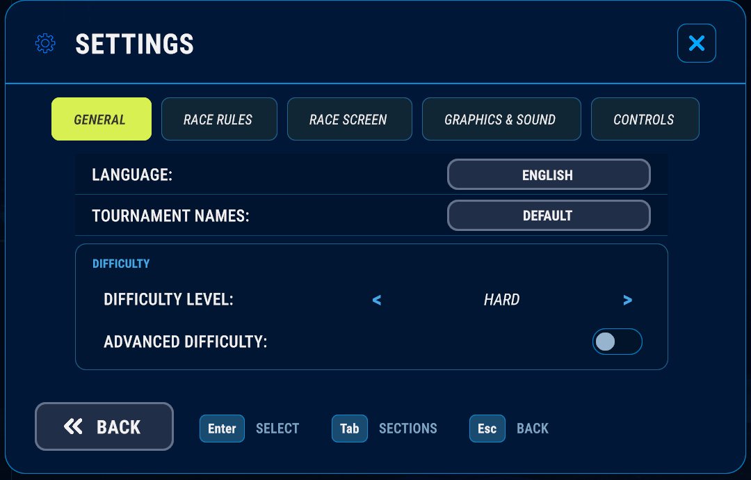 Settings → General: the difficulty level and the Advanced difficulty switch